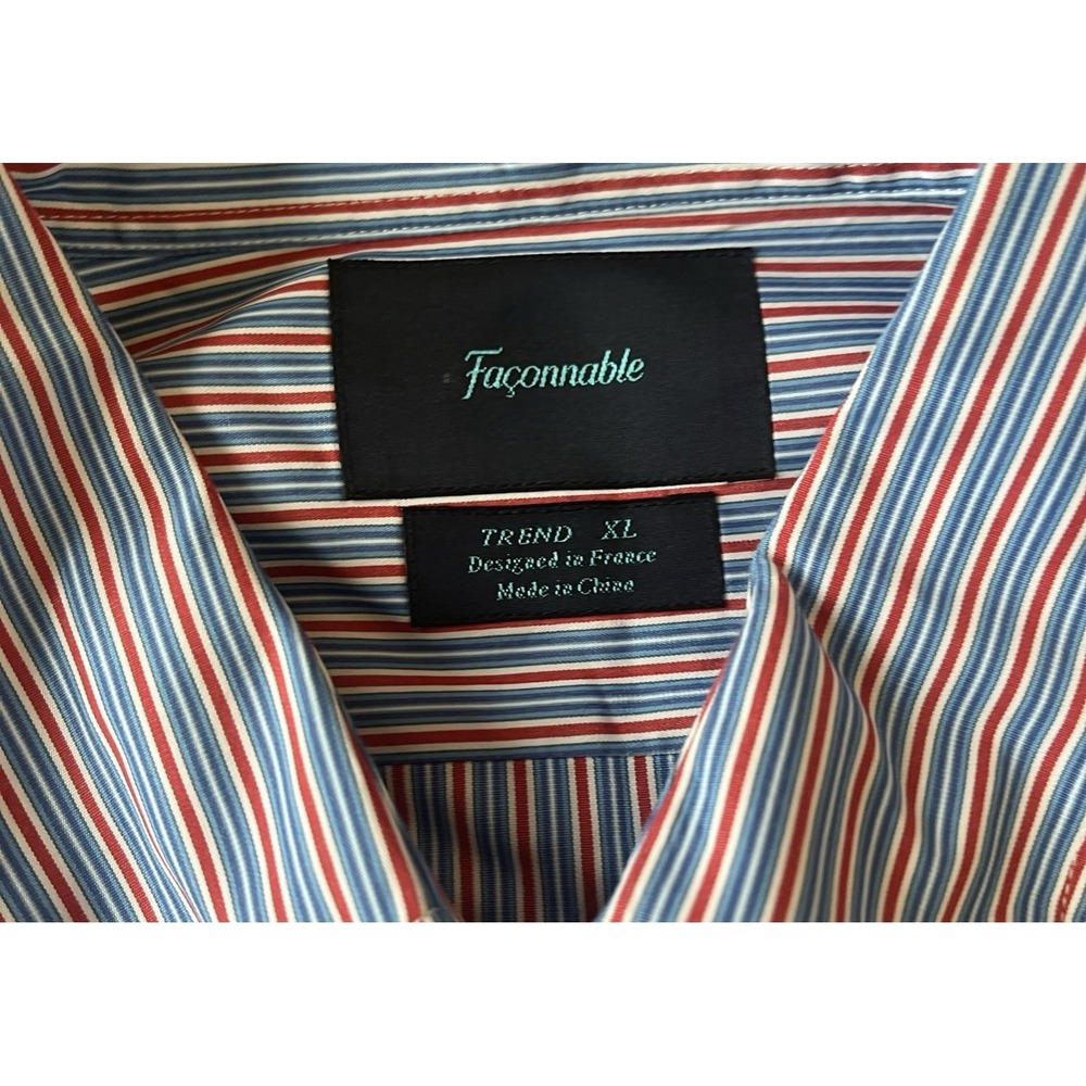 Faconnable Men's Size XL Trend Dress Shirt Red Blue White Stripe 100% Cotton - Picture 3 of 8